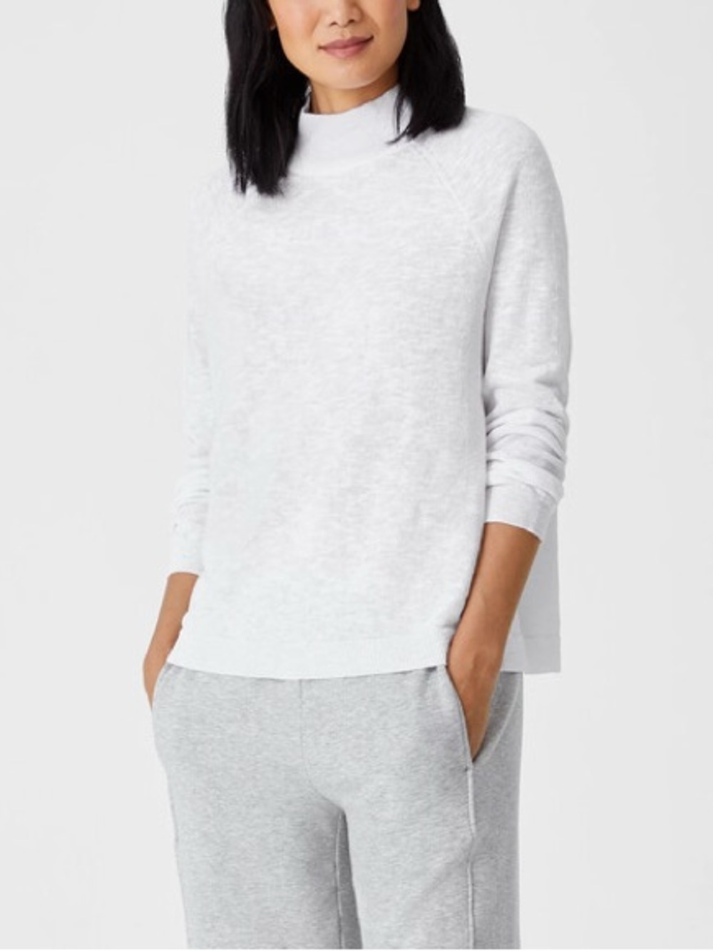 Eileen Fisher Organic Cotton Linen Slub Funnel Neck Boxy Sweater Top White S